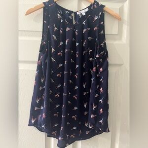 DR2 Navy Sleeveless Blouse with Bird Pattern